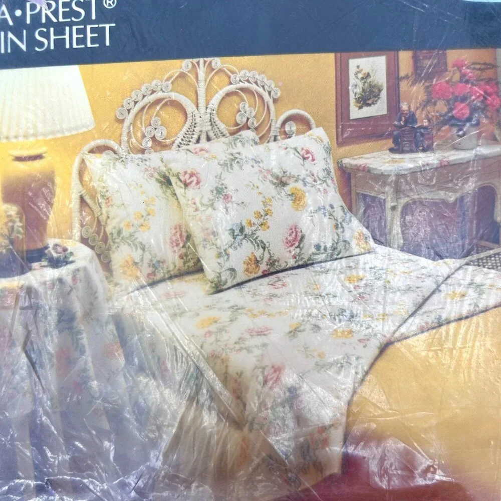 NIP VTG Wimbledon Perma-Prest Muslin Floral Print Twin Flat Sheet 66x104